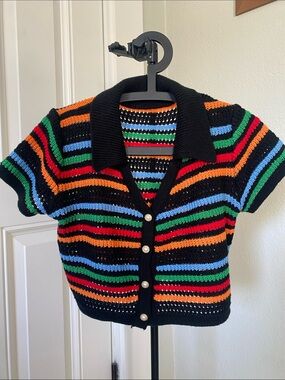 Short-Sleeve Cropped Striped Knit Cardigan - Black Multi